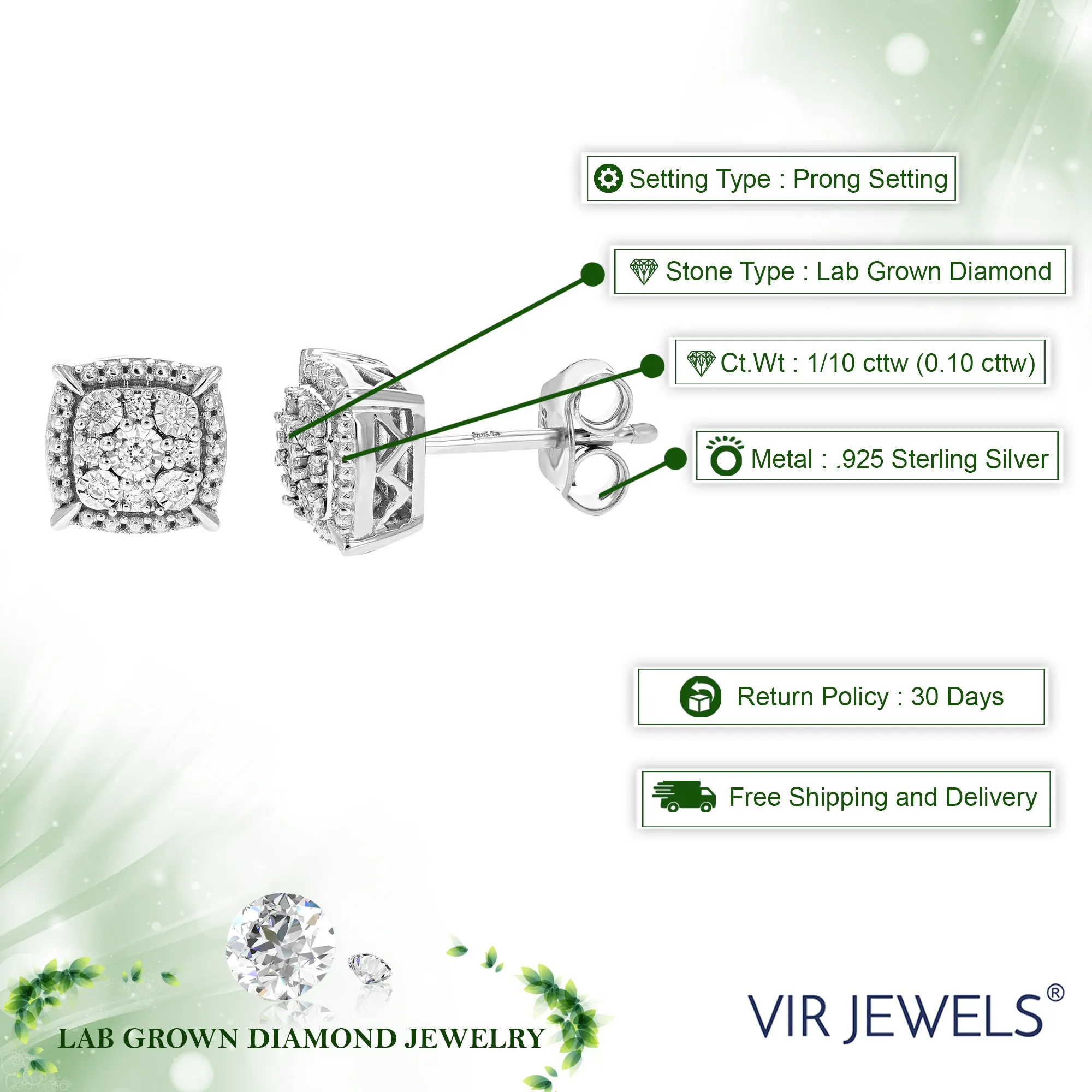 1/10 cttw Round Lab Grown Diamond Stud Earrings in .925 Sterling Silver Prong Set