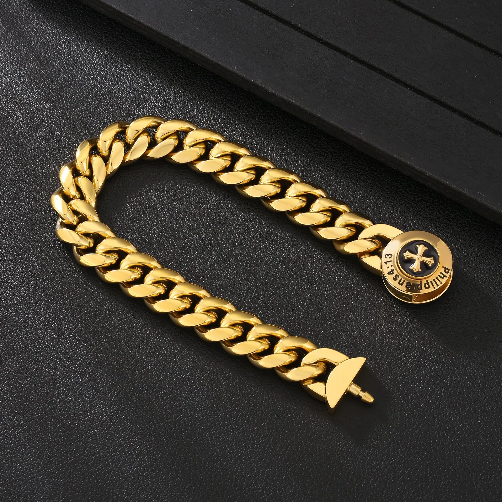 12mm Cross Button Clasp Miami Cuban Link Bracelet