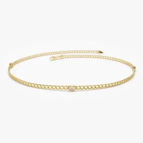 14k 2MM Curb Link Bracelet w/ Heart Shape Solitaire Round Diamonds