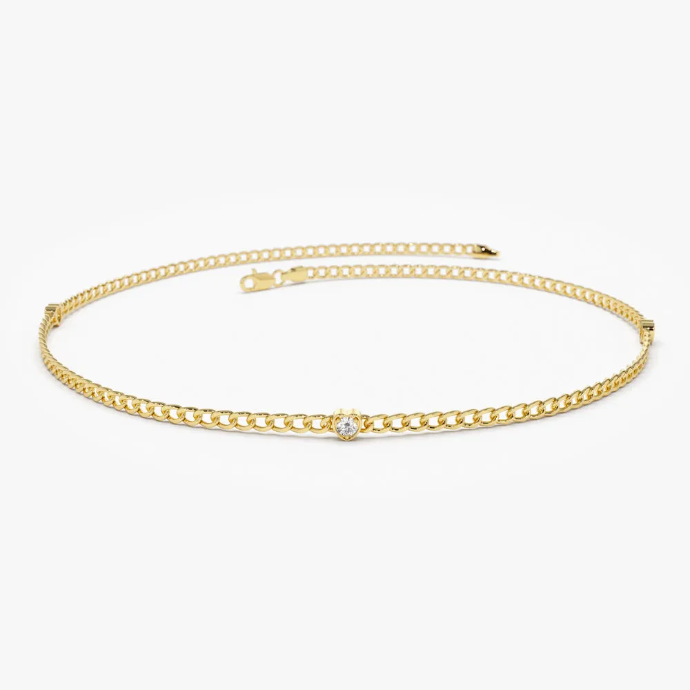 14k 2MM Curb Link Bracelet w/ Heart Shape Solitaire Round Diamonds