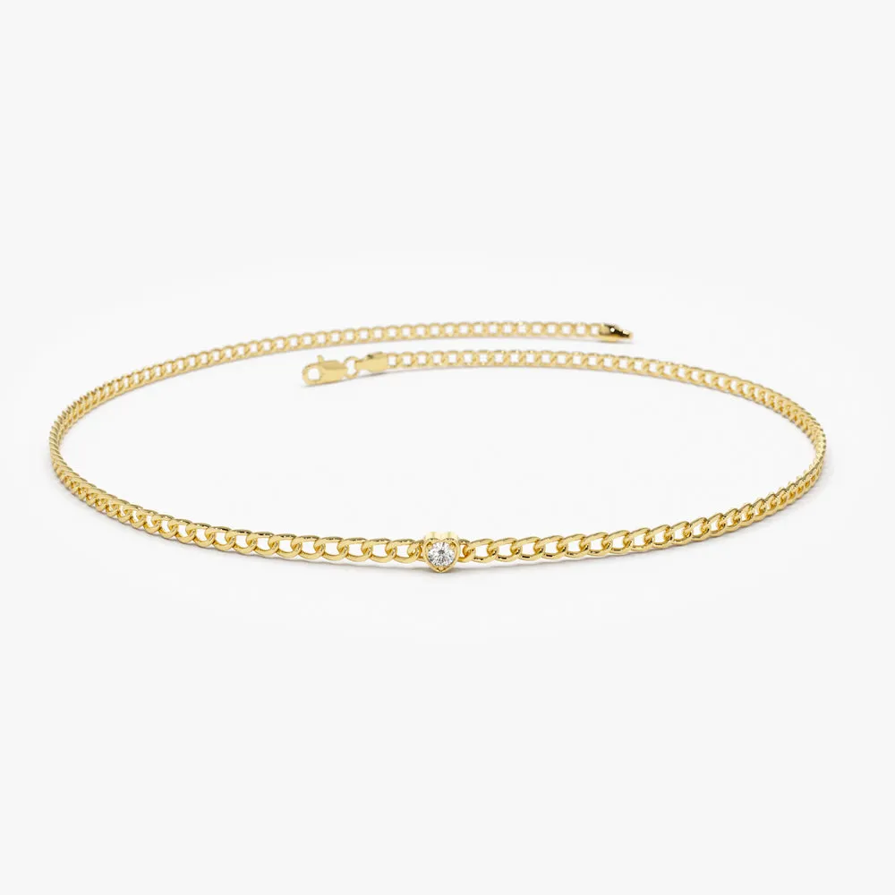 14k 2MM Curb Link Bracelet w/ Heart Shape Solitaire Round Diamonds