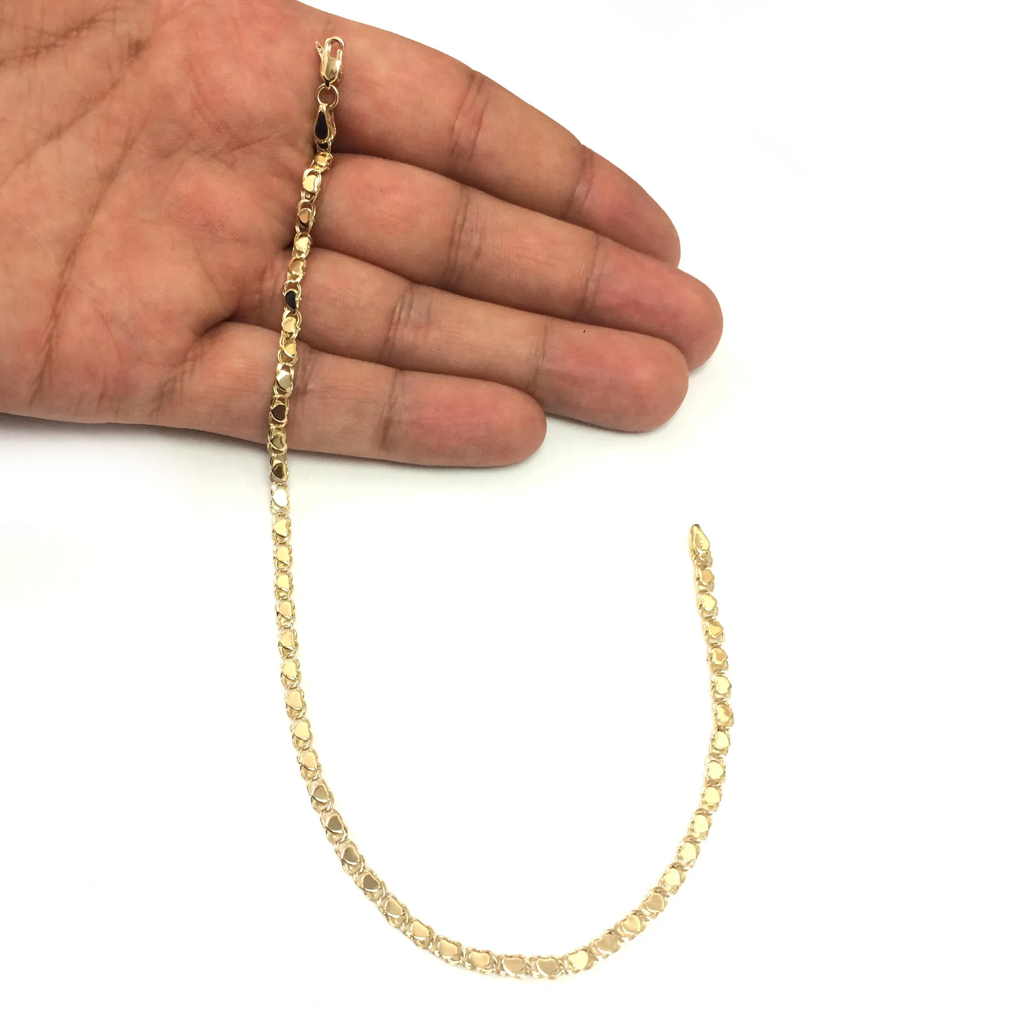 14K Yellow Gold Diamond Cut Hearts Chain Anklet, 10"