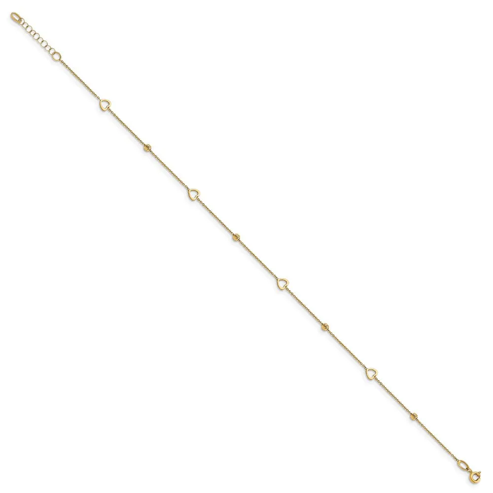 14KT Yellow Gold 10-inch Diamond-cut Heart Anklet