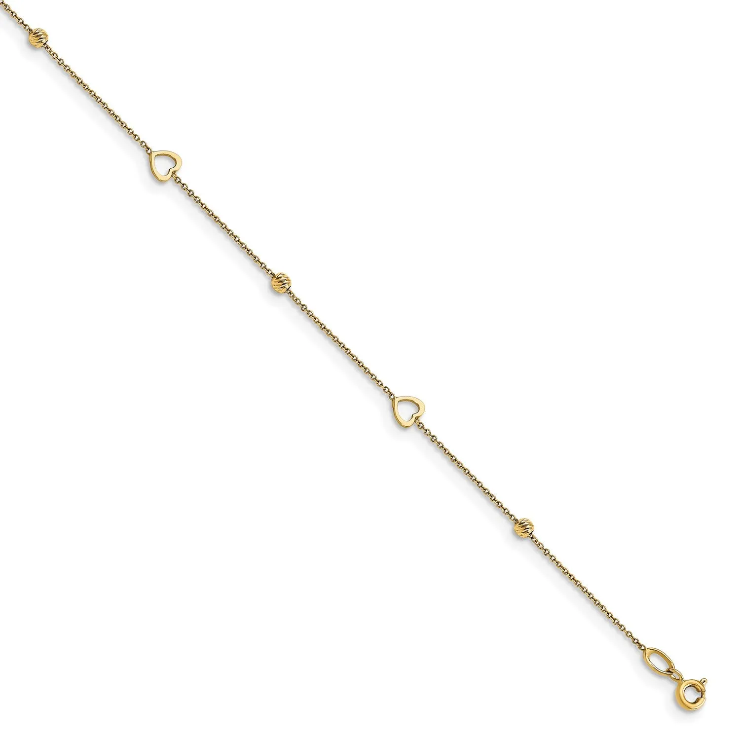 14KT Yellow Gold 10-inch Diamond-cut Heart Anklet