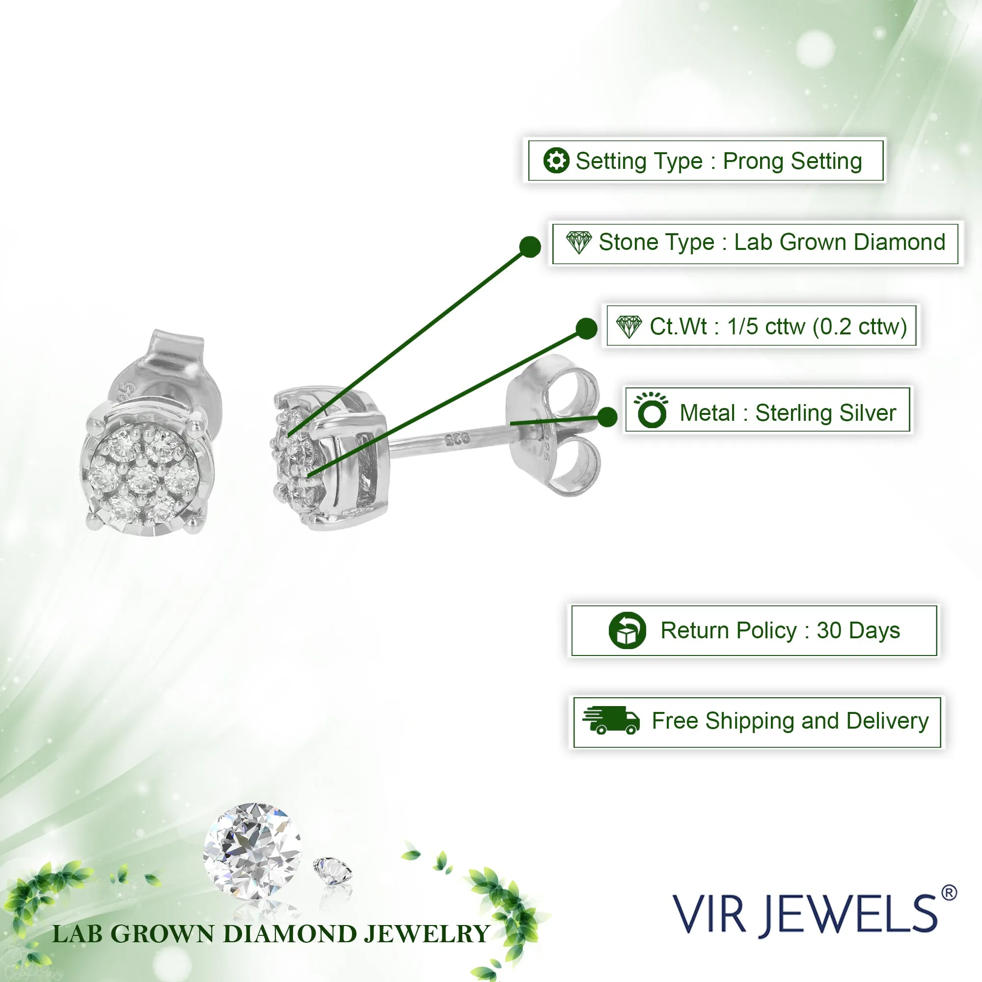 1/5 cttw Round Lab Grown Diamond Round Stud Earrings .925 Sterling Silver Prong Set