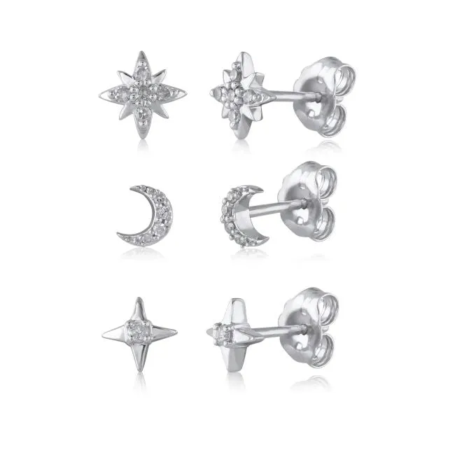 1/7 CTW Diamond 3-Pair Moon and Star Stud Earrings in Sterling Silver