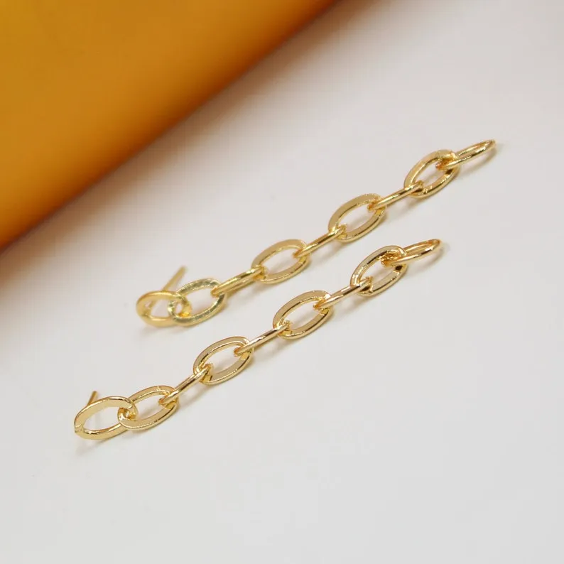 18K Gold Filled Dangle Rolo Oval Link Chain Earrings