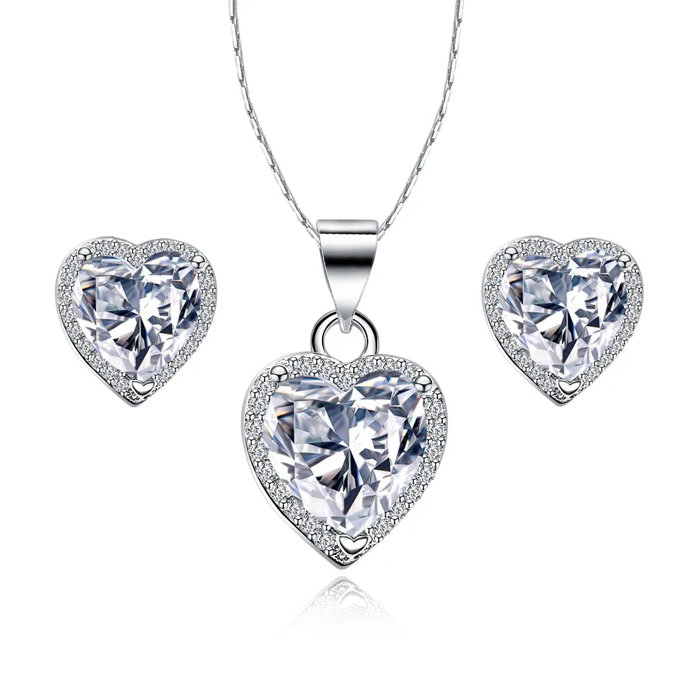 18k White Gold Plated Heart 2 Carat Created Cubic Zirconia Full Set Necklace 18 inch