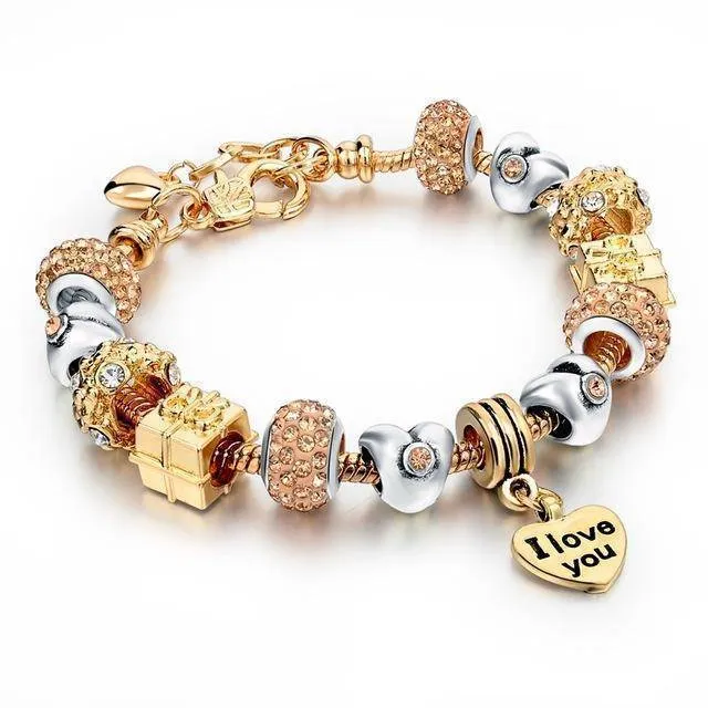 19 Styles, Crystal Heart Charm Bracelets & Bangles Gold