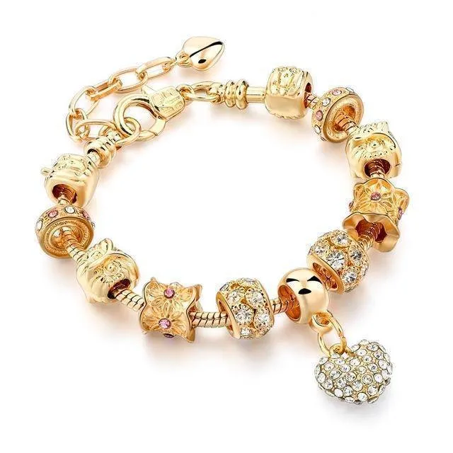 19 Styles, Crystal Heart Charm Bracelets & Bangles Gold