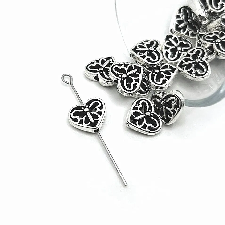 4, 20 or 50 Pieces: Antique Silver Butterfly Heart Spacer Beads, 12x10mm - Double Sided