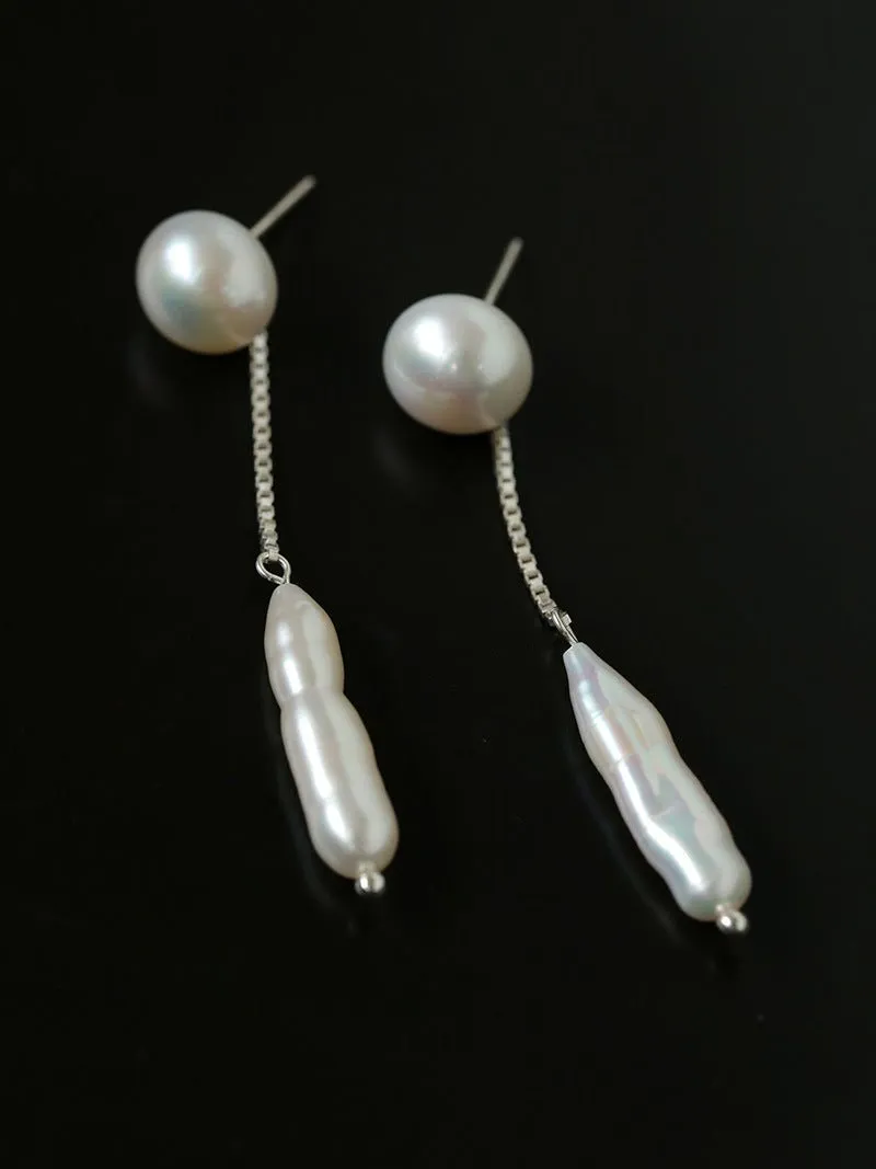 925 Silver Toothpick Pearl Long Earrings