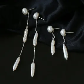 925 Silver Toothpick Pearl Long Earrings