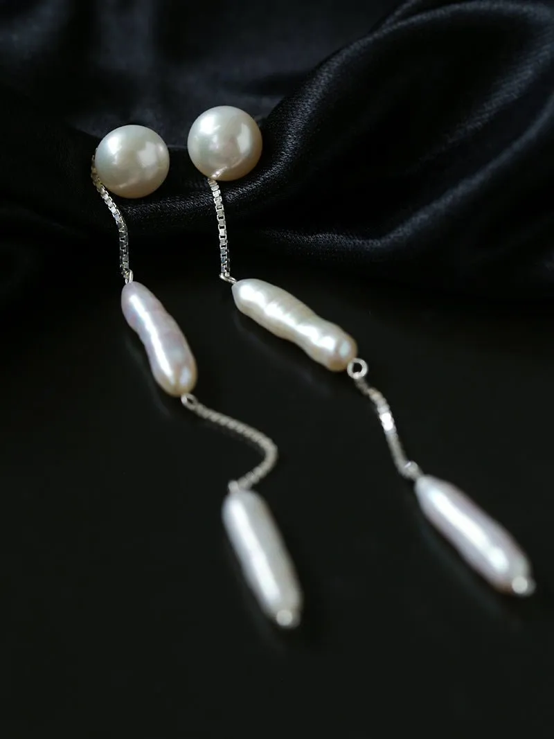 925 Silver Toothpick Pearl Long Earrings