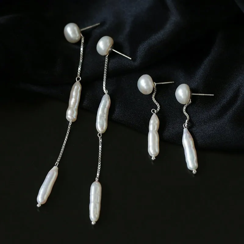 925 Silver Toothpick Pearl Long Earrings