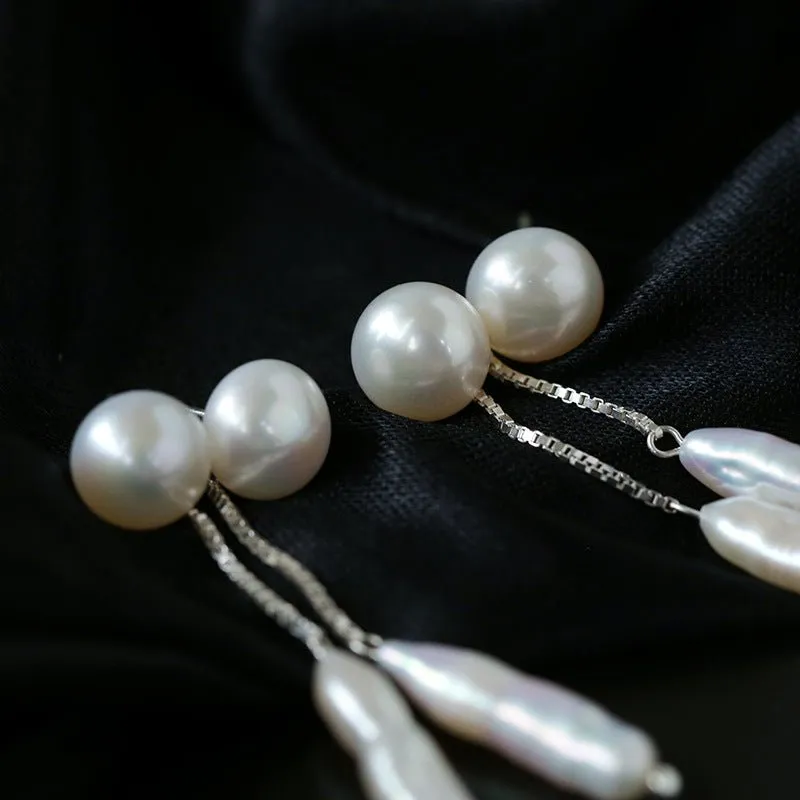 925 Silver Toothpick Pearl Long Earrings