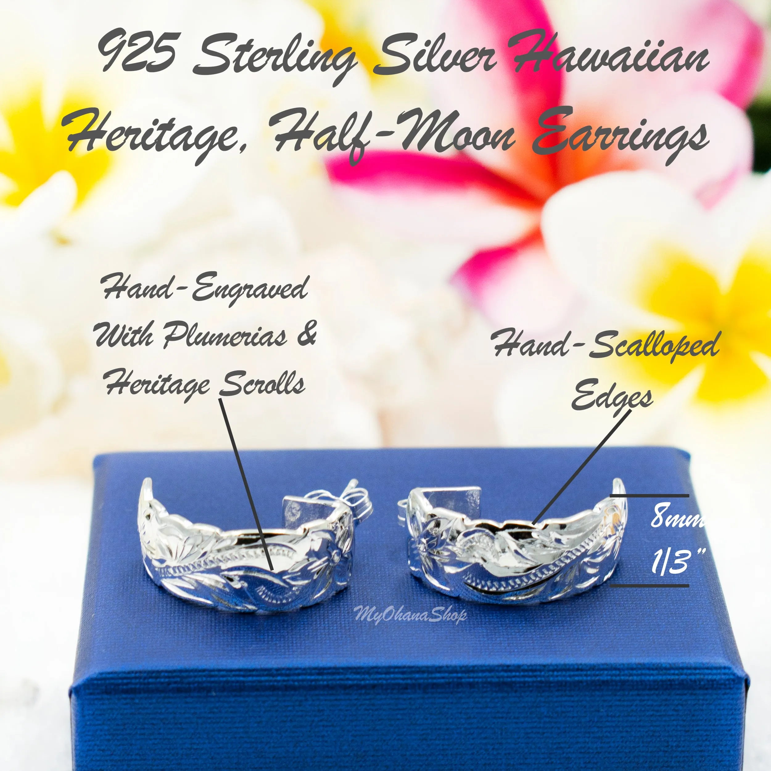 925 Sterling Silver Hawaiian Heritage Earrings For Women.  Classic, Elegant, Hand-Carved, Engraved, Scalloped Heirloom, Halfmoon Earrings.