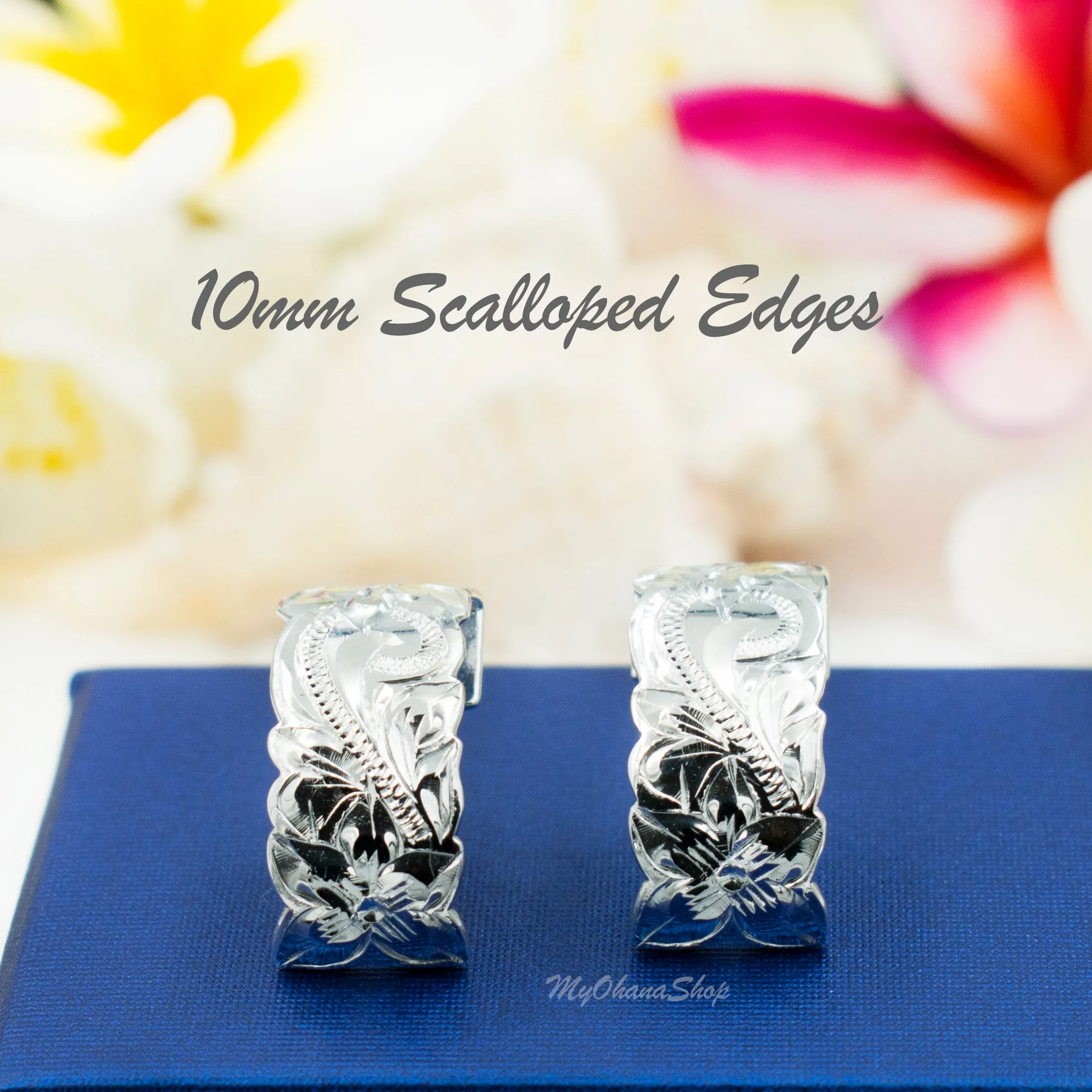 925 Sterling Silver Hawaiian Heritage Earrings For Women.  Classic, Elegant, Hand-Carved, Engraved, Scalloped Heirloom, Halfmoon Earrings.