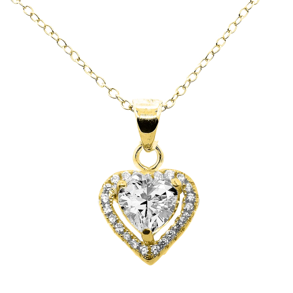 Amora 18k White Gold Plated Halo Heart Pendant Necklace with CZ Crystals