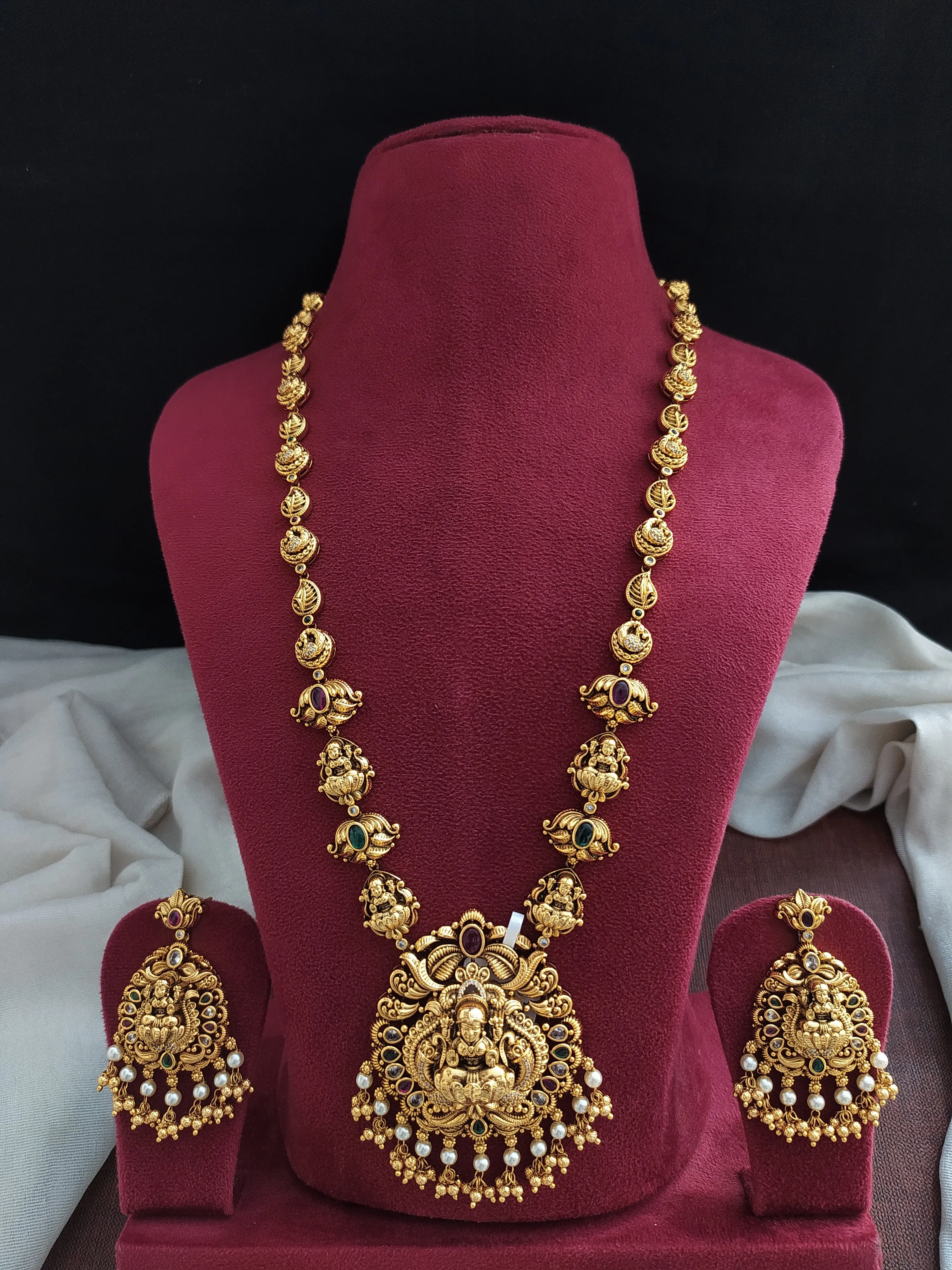 Antique Lakshmi Long Haram in Mala Style with Nakshi Work and Kemp Stones