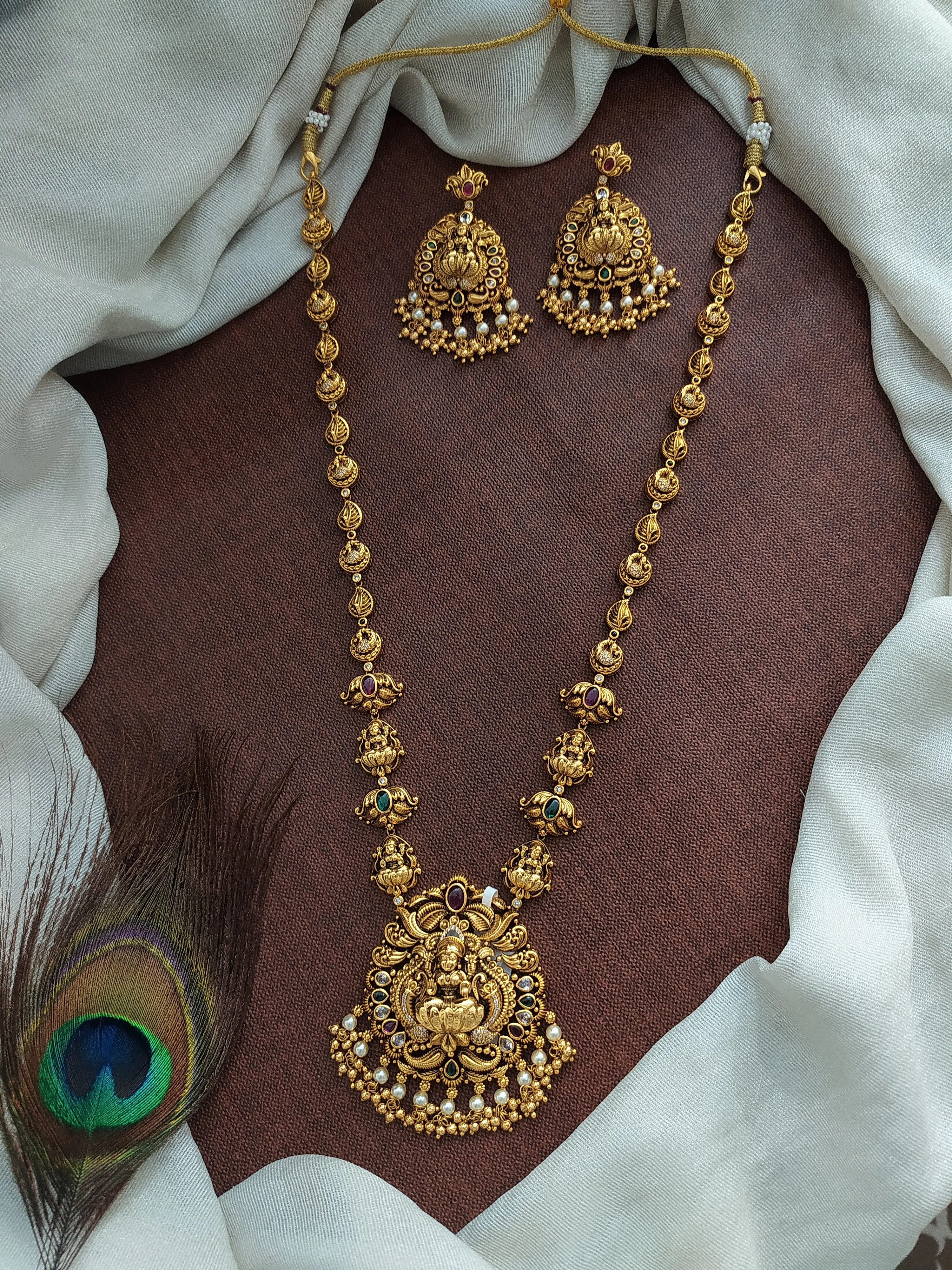 Antique Lakshmi Long Haram in Mala Style with Nakshi Work and Kemp Stones