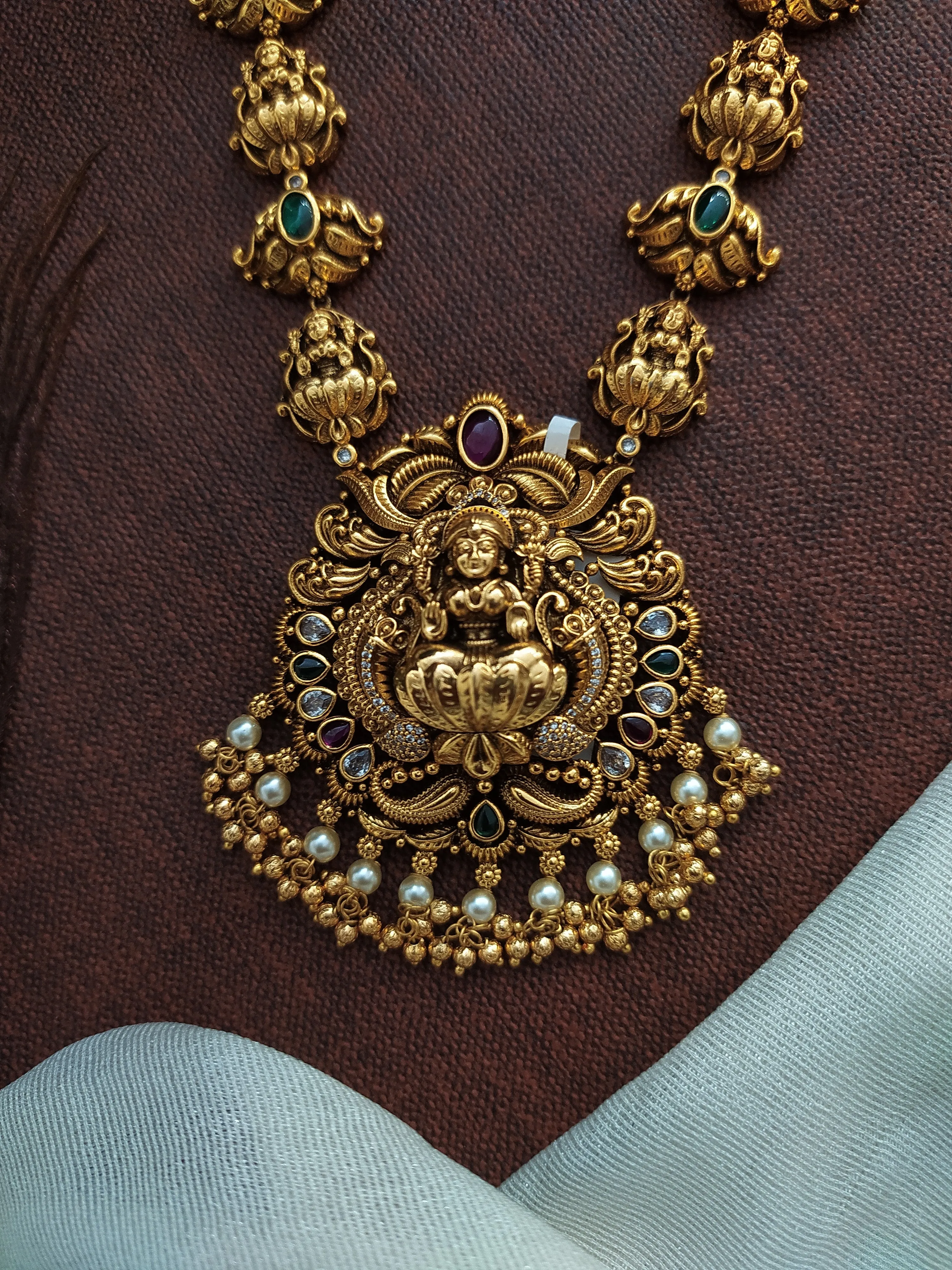 Antique Lakshmi Long Haram in Mala Style with Nakshi Work and Kemp Stones