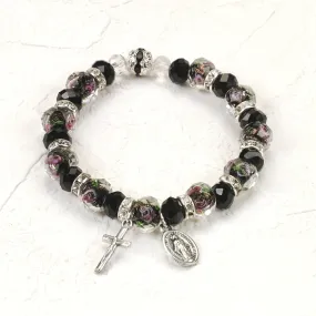 Black Crystal Stretch Bracelet with Pink Rose Painted Beads