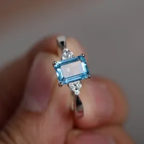 Blue Topaz Emerald Cut 925 Solid Sterling Silver Promise Ring