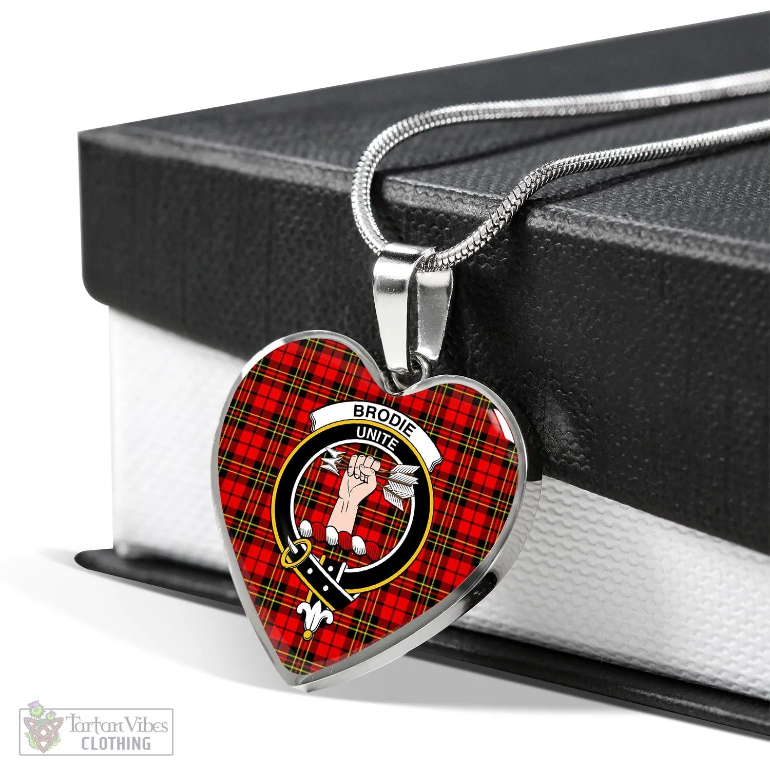 Brodie Modern Tartan Heart Necklace with Family Crest