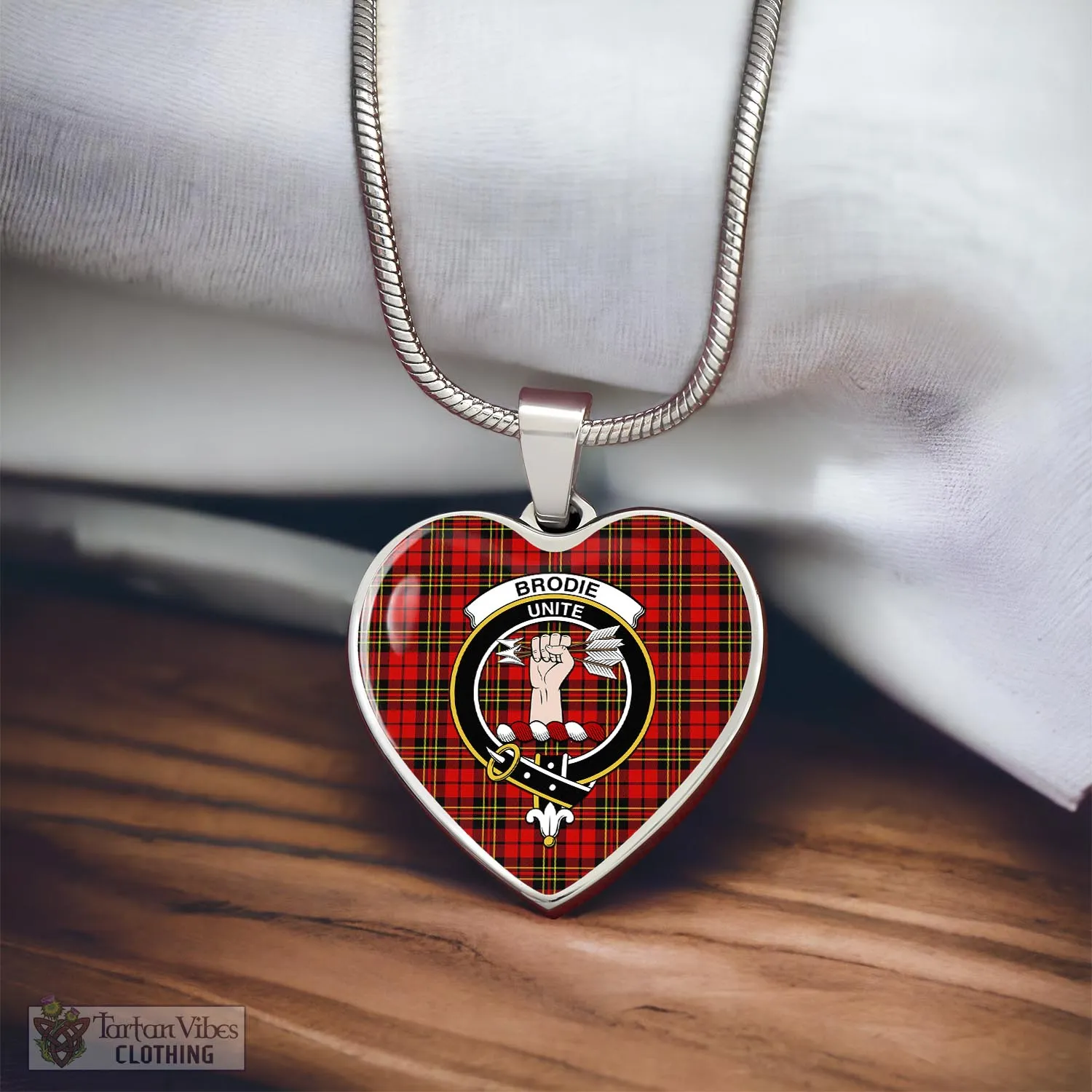 Brodie Modern Tartan Heart Necklace with Family Crest