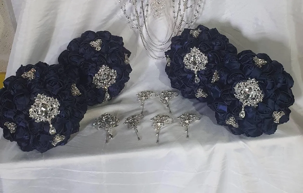 BROOCH BOUQUET brooch bouquet navy fabric flower Alternative jewel wedding bouquet. - Silver, rose gold or Gold tone by Crystal wedding uk