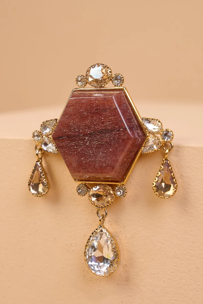 Brown Resin Stone Brooch With Drop Crystals