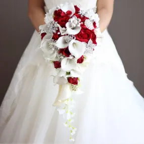 CAL~Red Cascade Silk Roses Real Touch Calla Lilies Brooch Bouquet