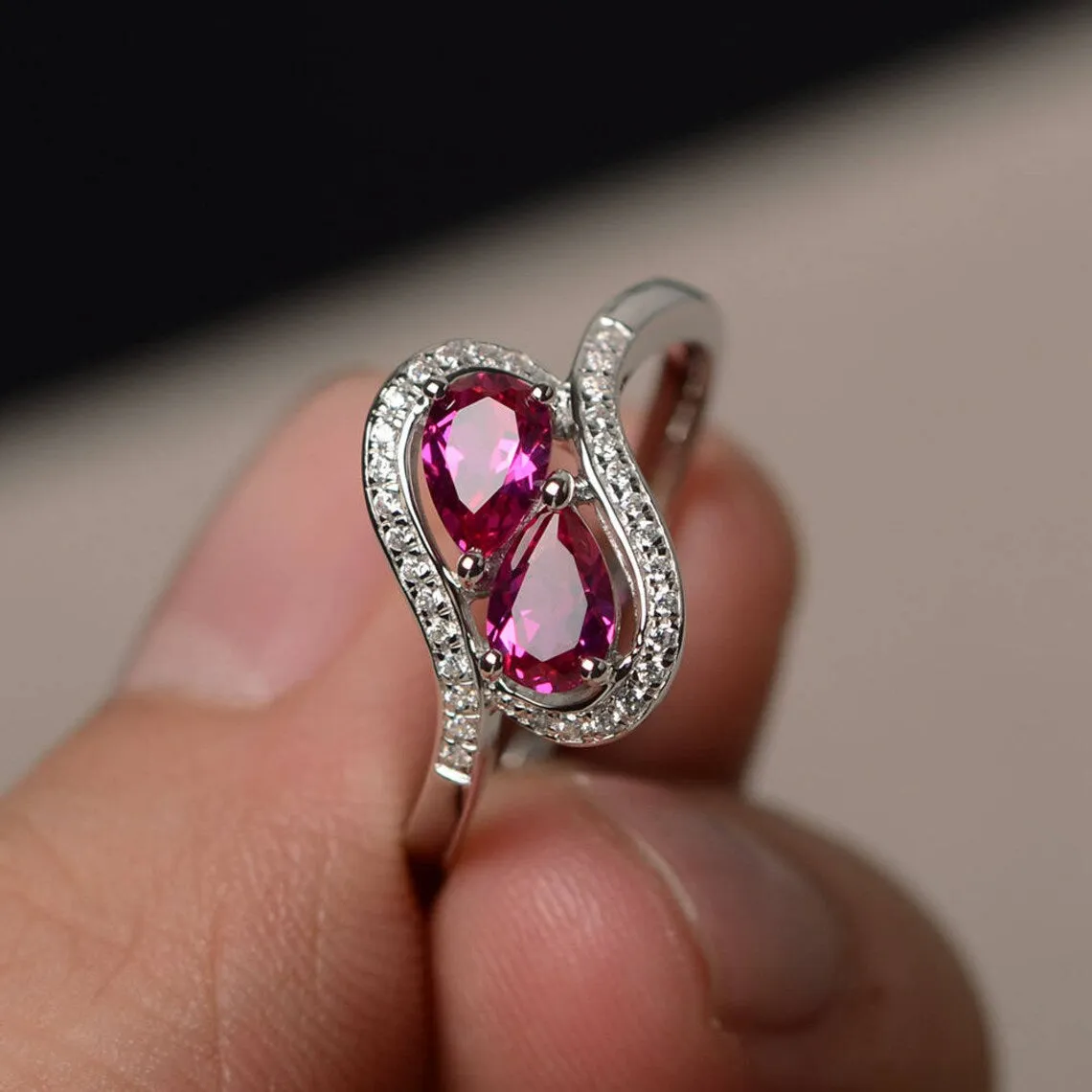 Cute Pear Cut Ruby Engagement Ring - 925 Sterling Silver Ring