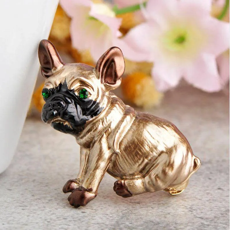 Cute Pug Dog Brooches Green Crystal Eyes Animal Corsage Pins