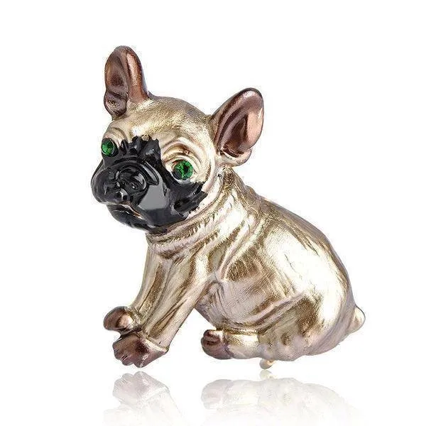 Cute Pug Dog Brooches Green Crystal Eyes Animal Corsage Pins