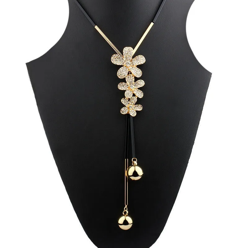 Cute Three Rhinestone Flowers Long Chain Necklaces Female Handmade Maxi Lovely Bohemian Fashion Jewelry Bijoux New Gift