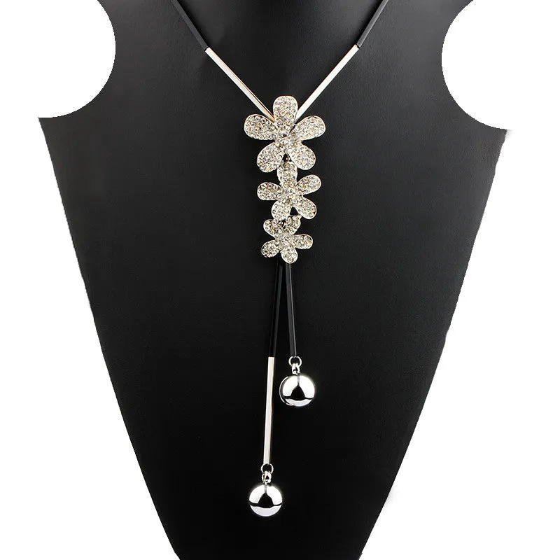 Cute Three Rhinestone Flowers Long Chain Necklaces Female Handmade Maxi Lovely Bohemian Fashion Jewelry Bijoux New Gift