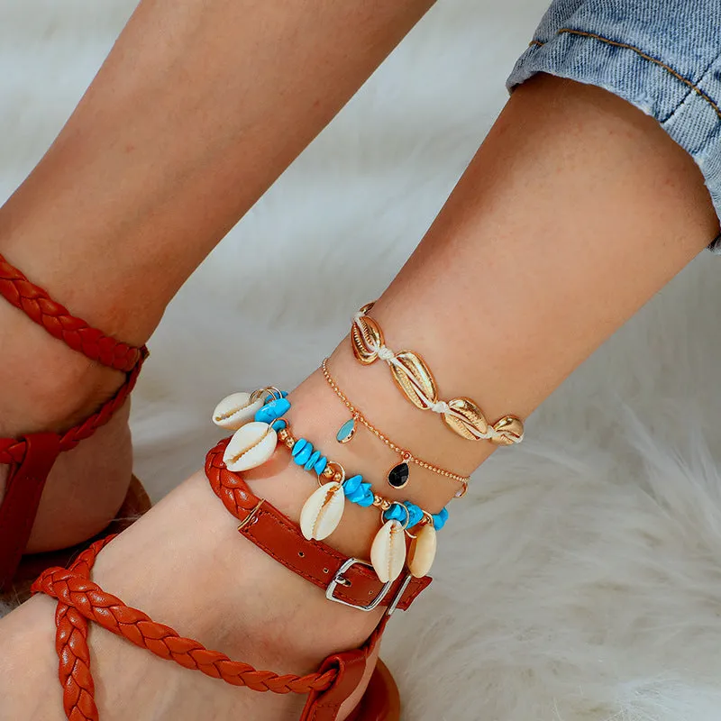 Diamond drop braided cord turquoise shell 3-layer anklet