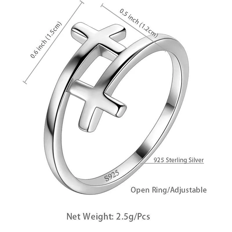 Double Cross Ring Mens Women Jewelry Wrap Open Ring 925 Sterling Silver