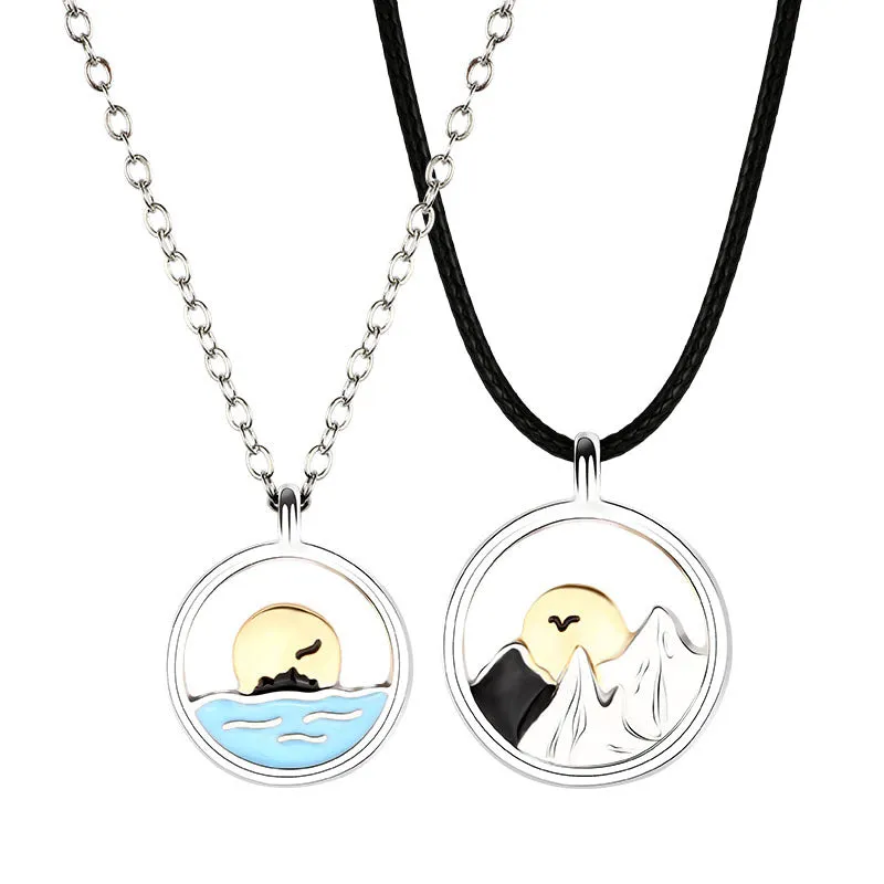 Engravable Ocean Mountain Necklaces Set for Couples