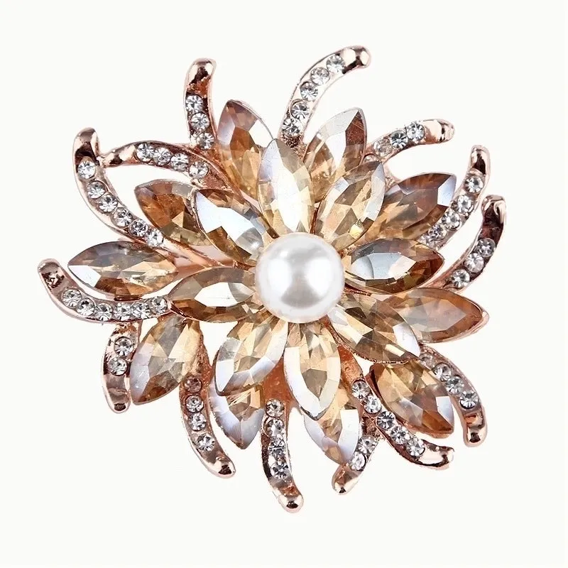 Fashion Pin Flower Alloy Inlay Crystal Rhinestones Pearl Women'S Brooches