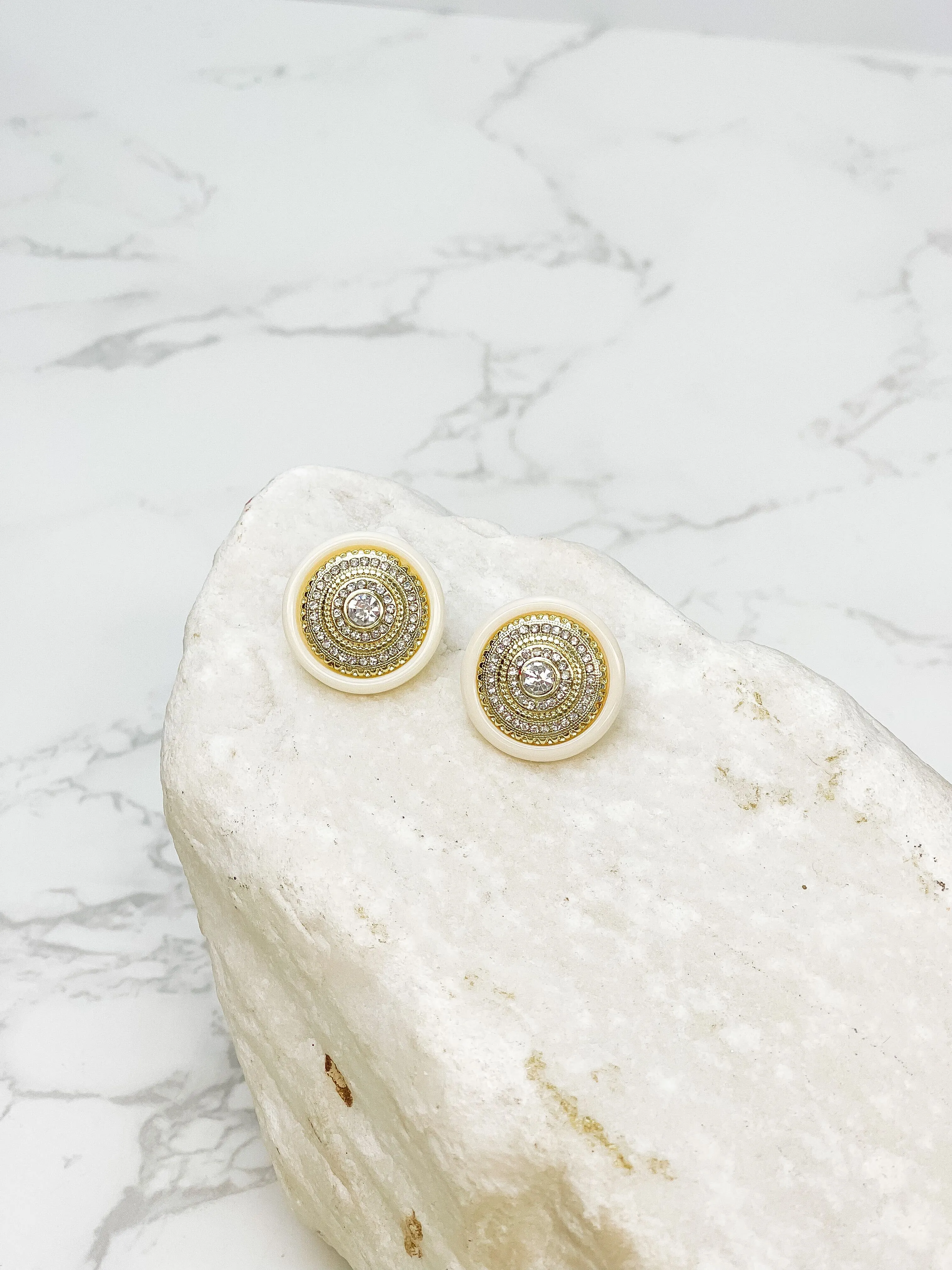 Glitzy White Medallion Post Earrings