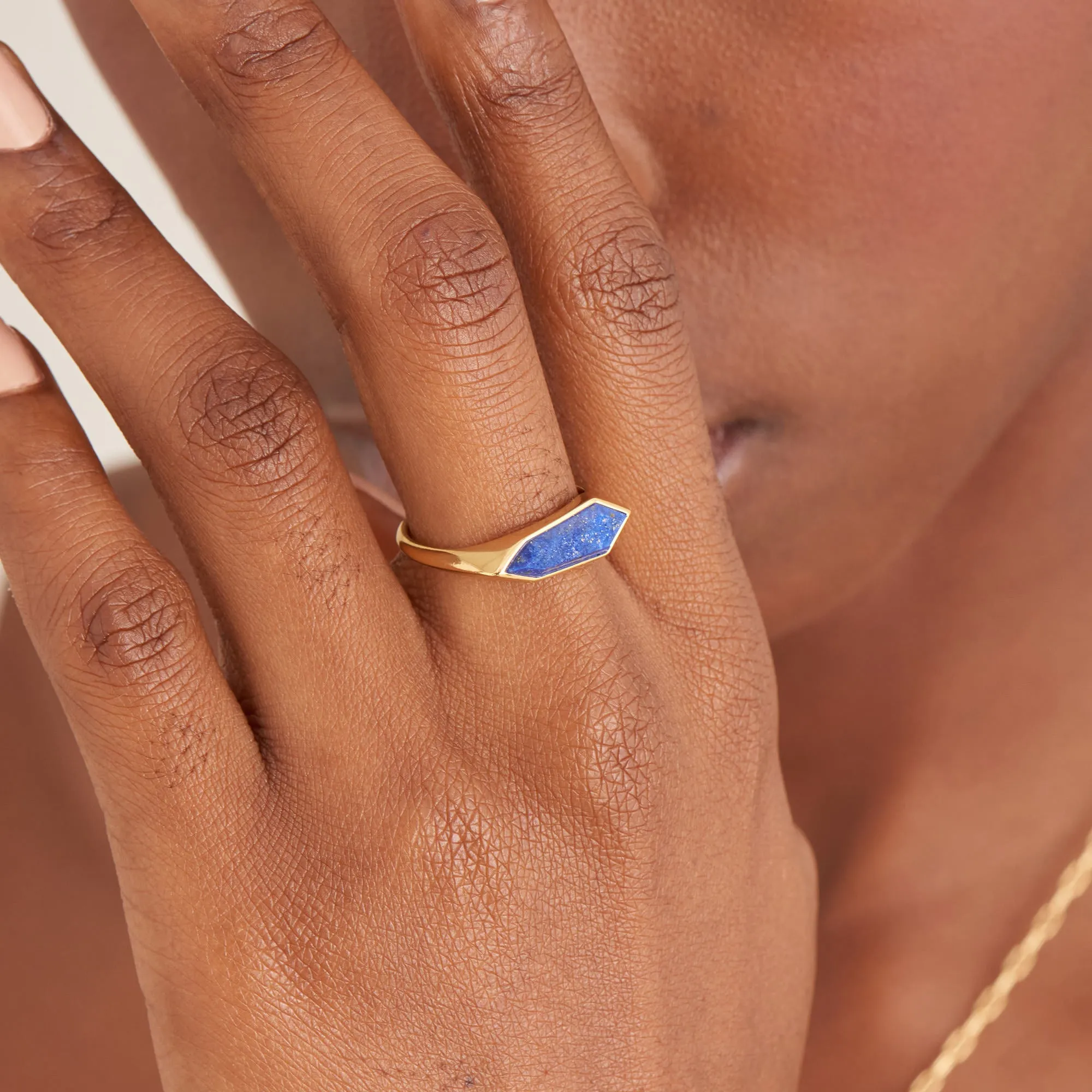 Gold Lapis Emblem Adjustable Ring