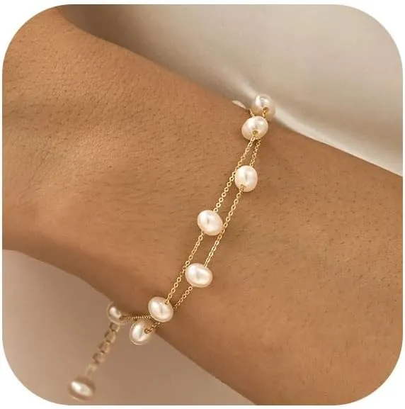 Gold Link Pearl Chain Bracelets