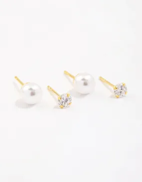 Gold Plated Sterling Silver Pearl & Cubic Zirconia Stud Earring Pack