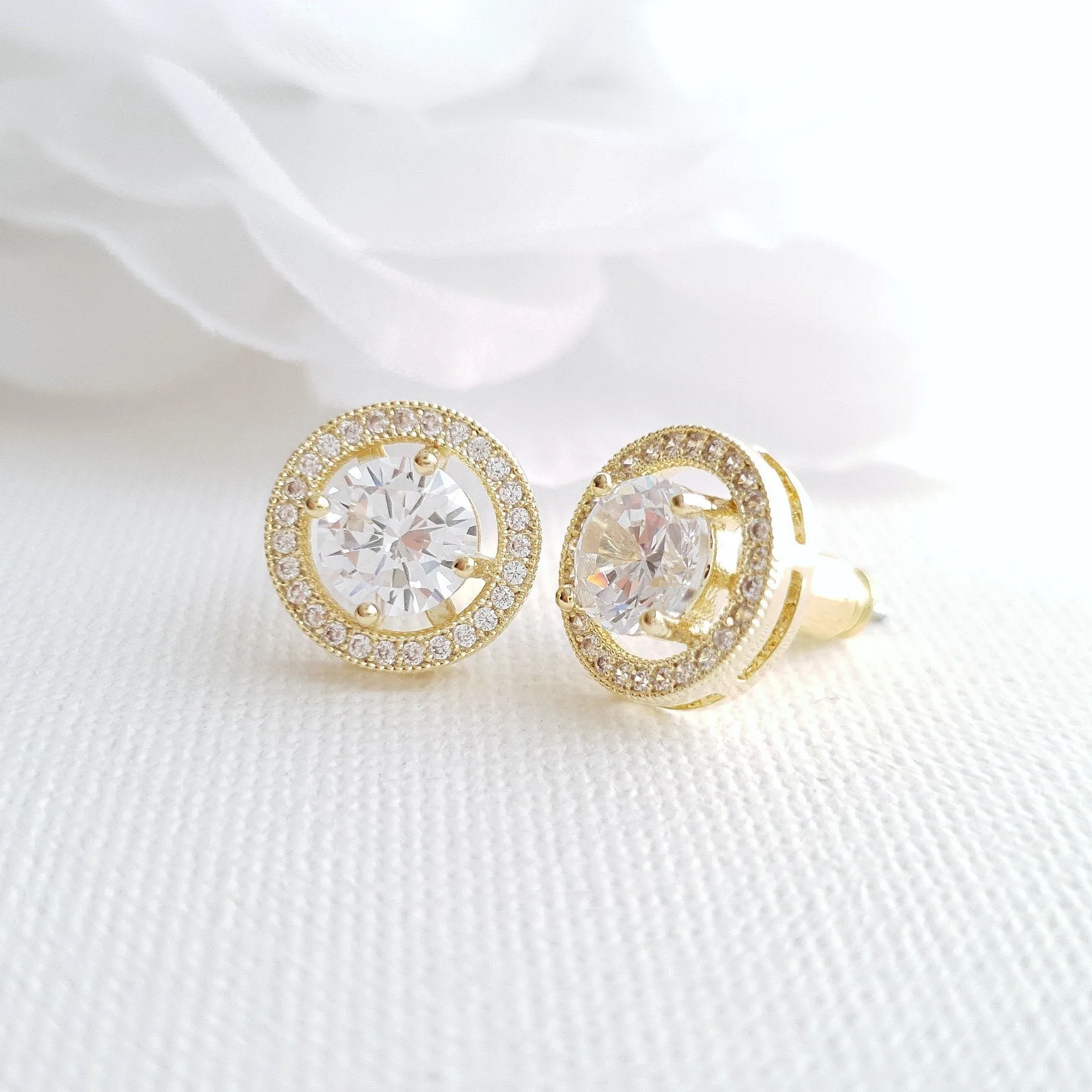 Gold Round Stud Earrings in Cubic Zirconia- Denise