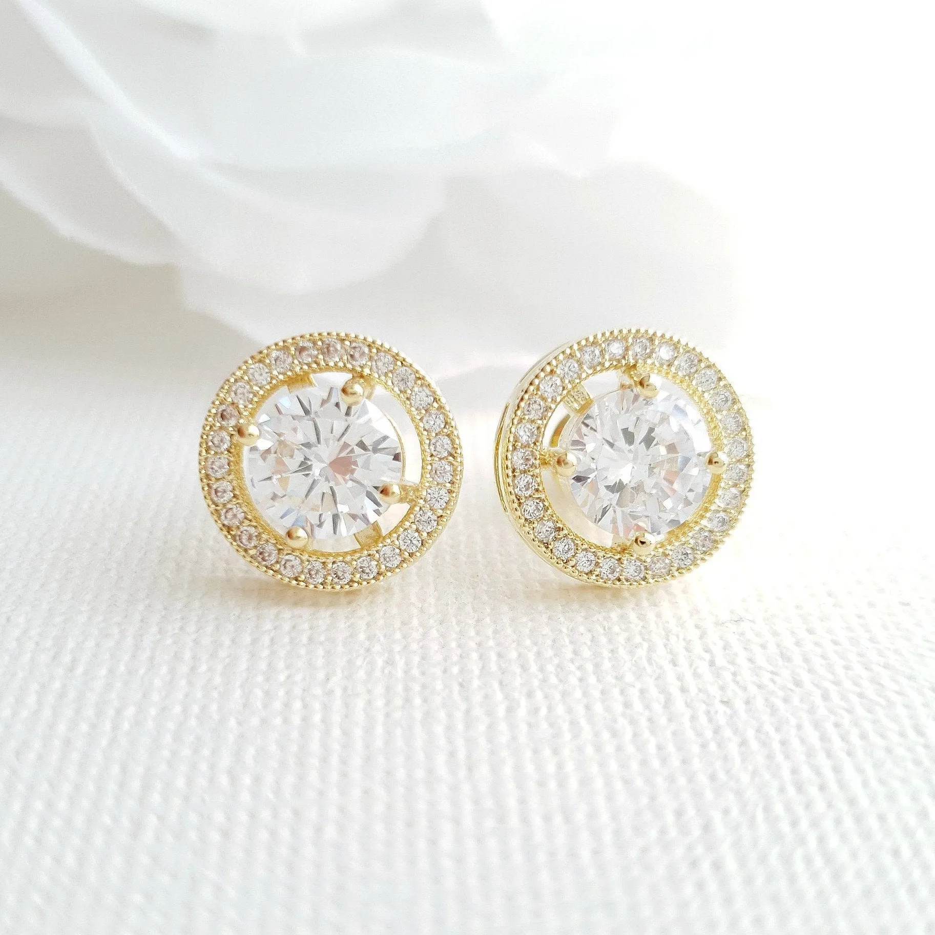 Gold Round Stud Earrings in Cubic Zirconia- Denise