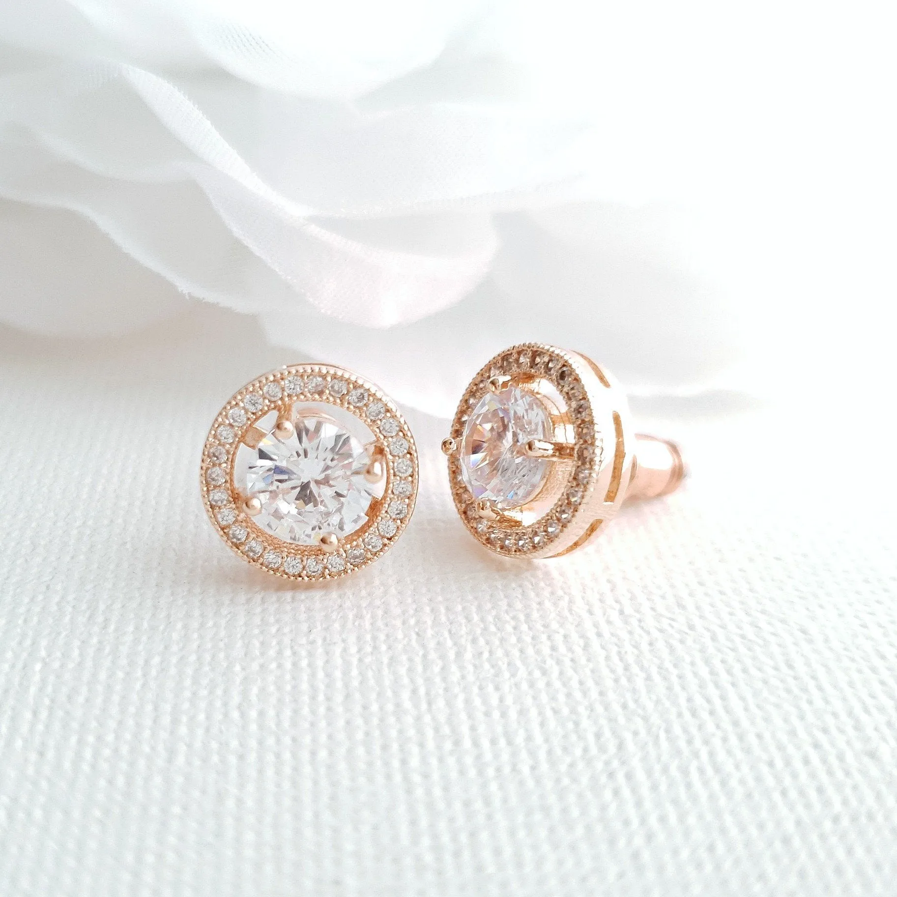 Gold Round Stud Earrings in Cubic Zirconia- Denise