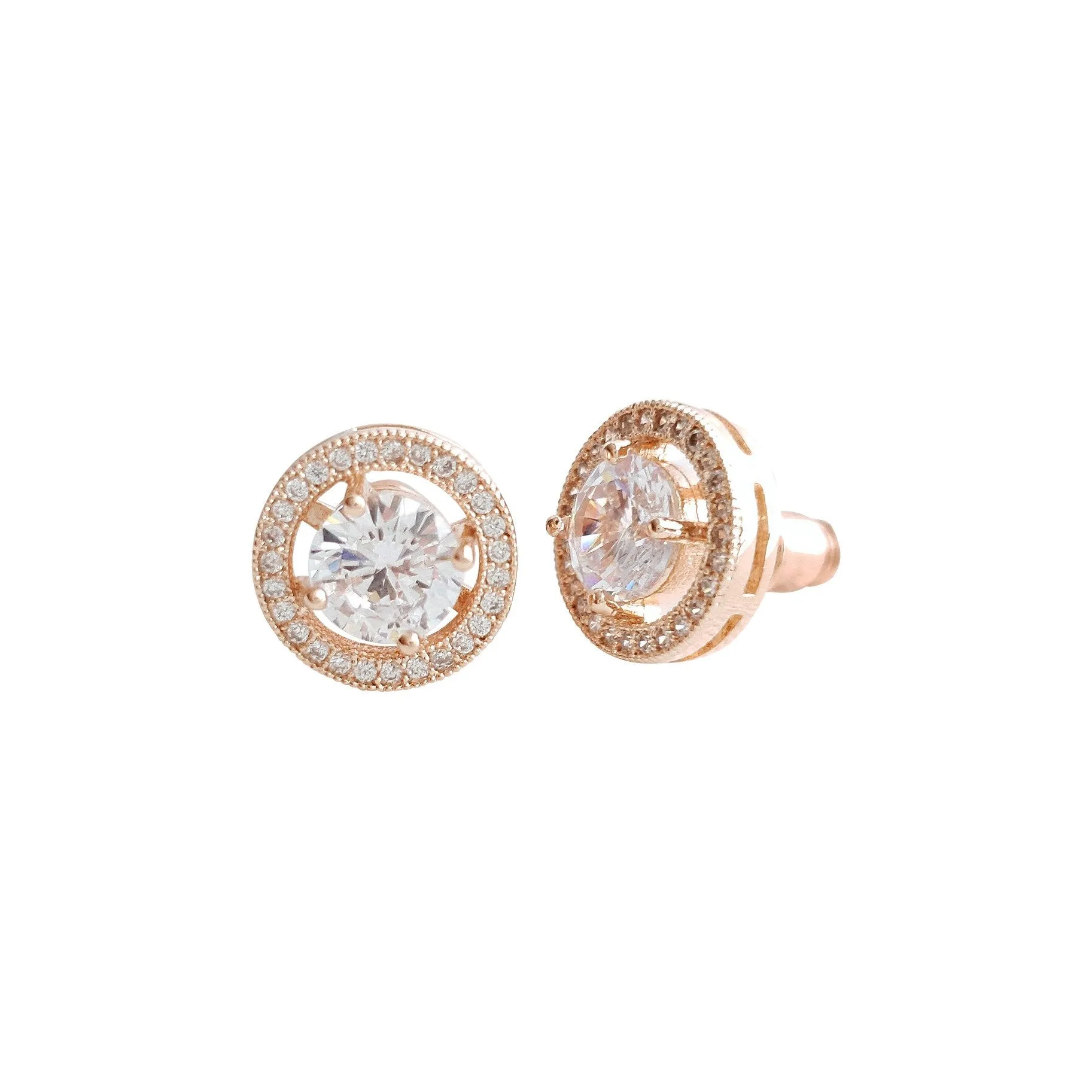 Gold Round Stud Earrings in Cubic Zirconia- Denise